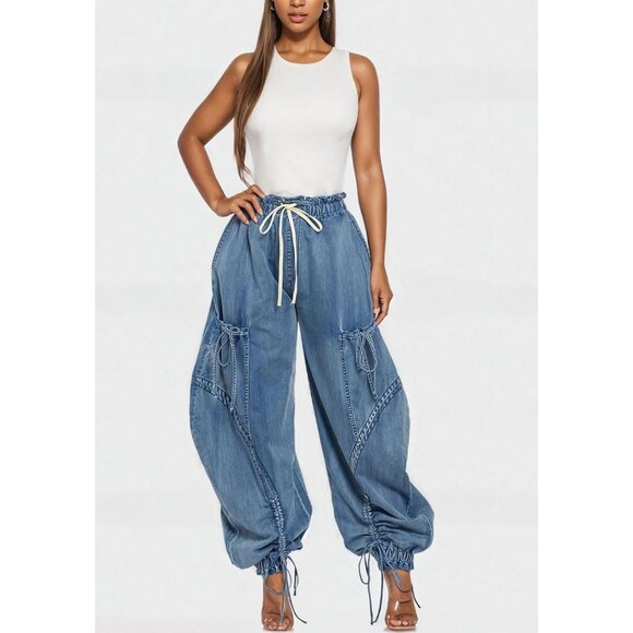 Women's Baggy Cargo Joggers Plus Size High Waisted Wide Leg Denim Pant - Picture 3 of 8